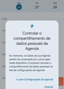 Google Agenda - aviso sobre a possibilidade de controlar o compartilhamento de dados pessoais.